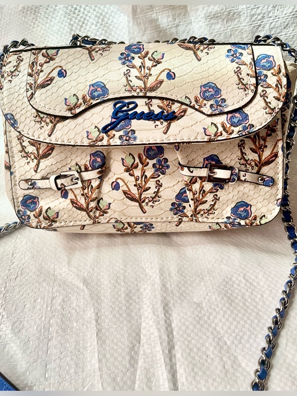 GUESS Cream Floral Crossbody Bag with Blue Accents